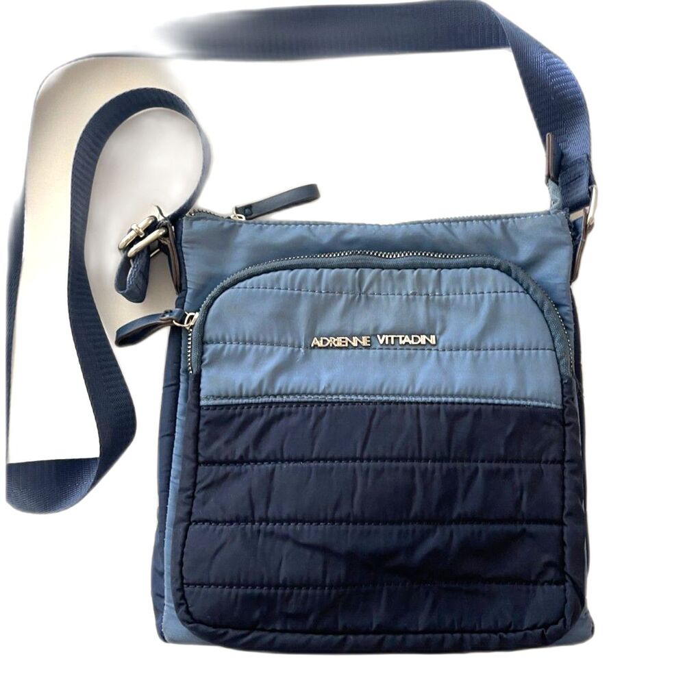 Adrienne Vittadini Square Quilted Crossbody Satchel Purse Blue Nylon Travel Med